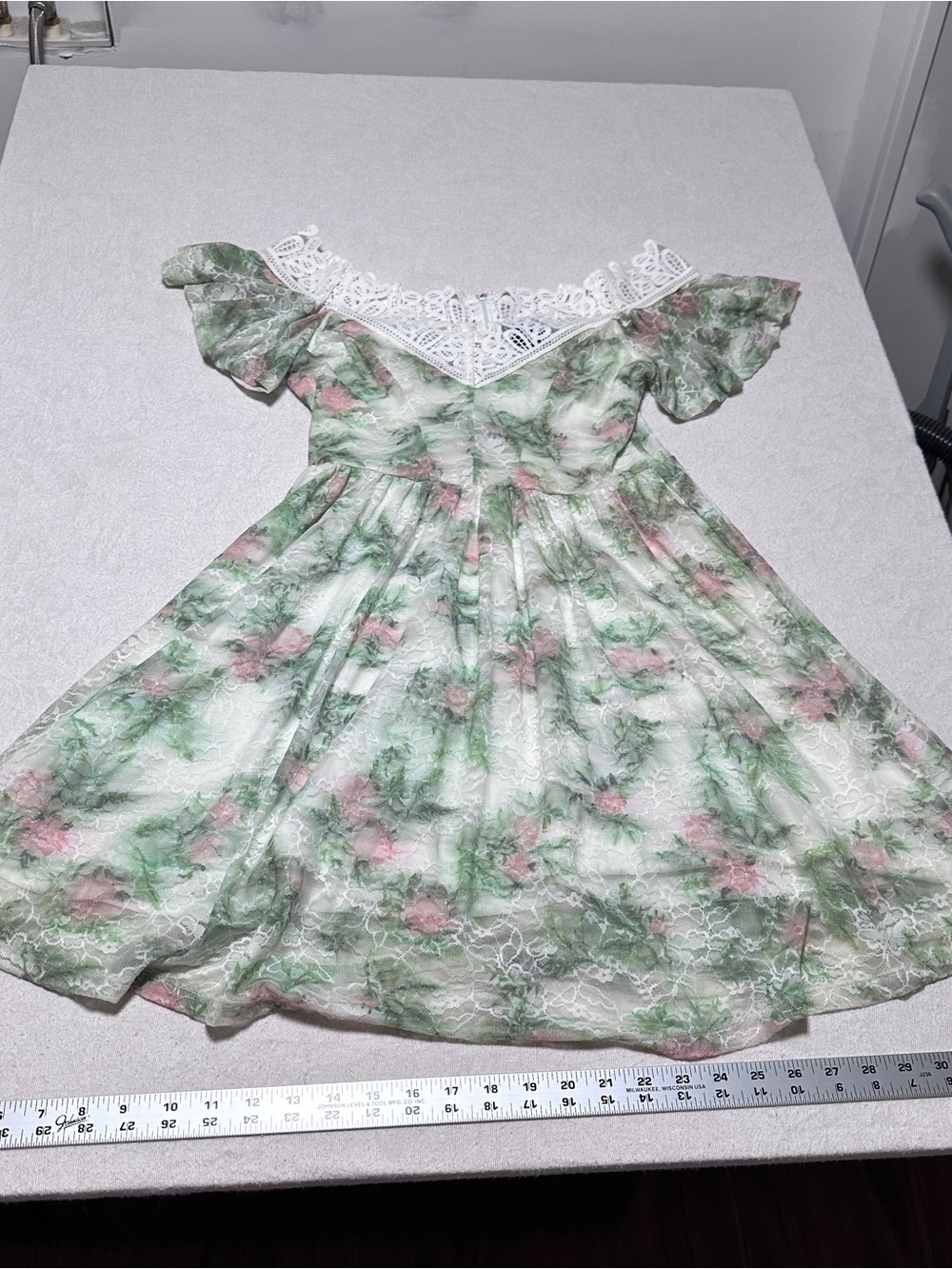 Disney Floral Lace Off-Shoulder Dress in Green & Pink